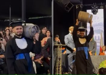 Jovem carrega botijão de gás em formatura para homenagear o pai.