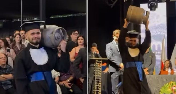 Jovem carrega botijão de gás em formatura para homenagear o pai.